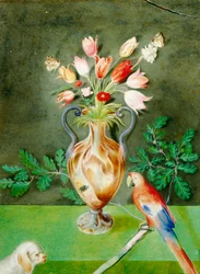 Vase of Flowers, Parrot, and Lapdog